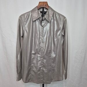 Twiggy London Vintage Y2K Metallic Silver Cotton Button Up Shirt Long Sleeve M